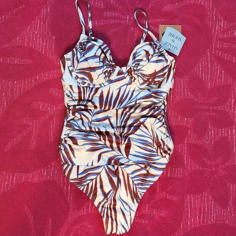 Shade & Shore Shirred Underwire One-Piece Corset Swim Tropical Print XS